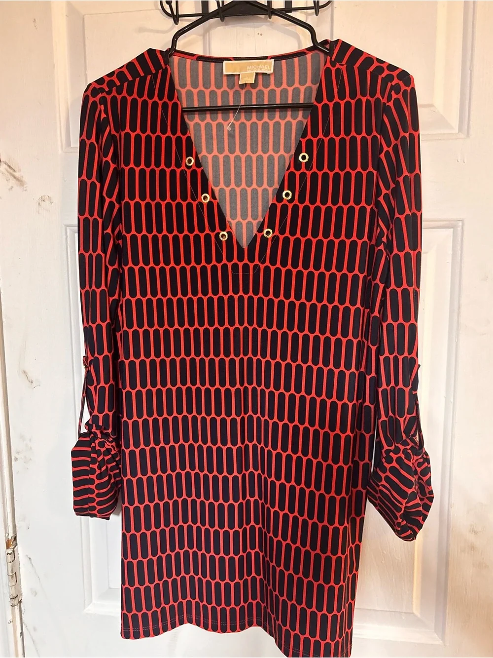 Michael Kors Navy Orange Geometric Print Blouse Top Gold Button Size Large L
